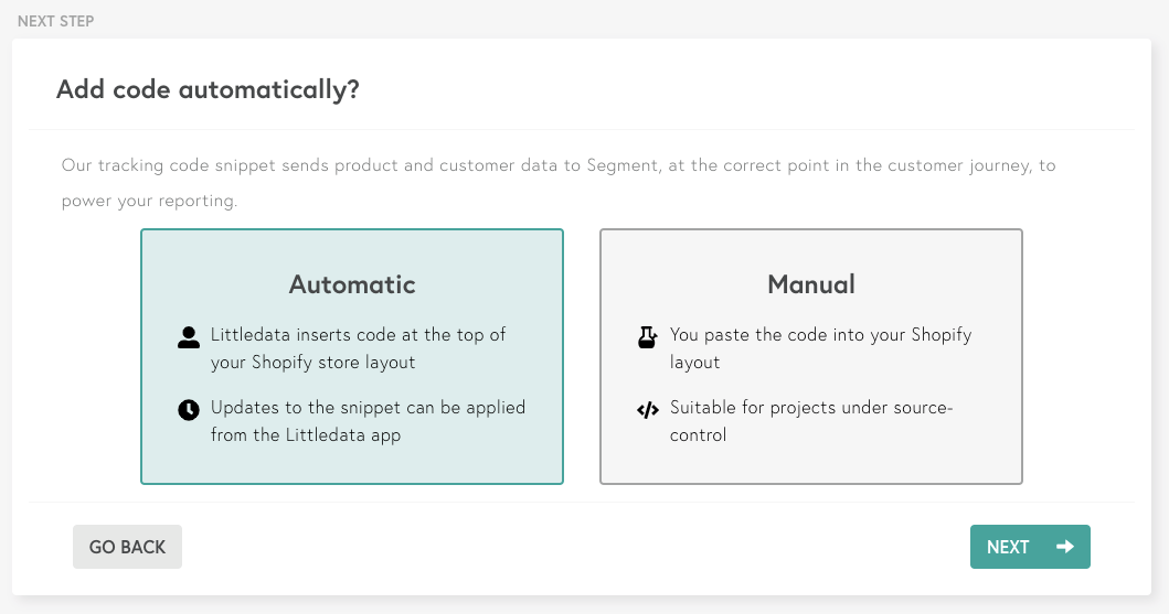Screenshot of the Add code automatically? step in the Shopify Littedata setup flow.