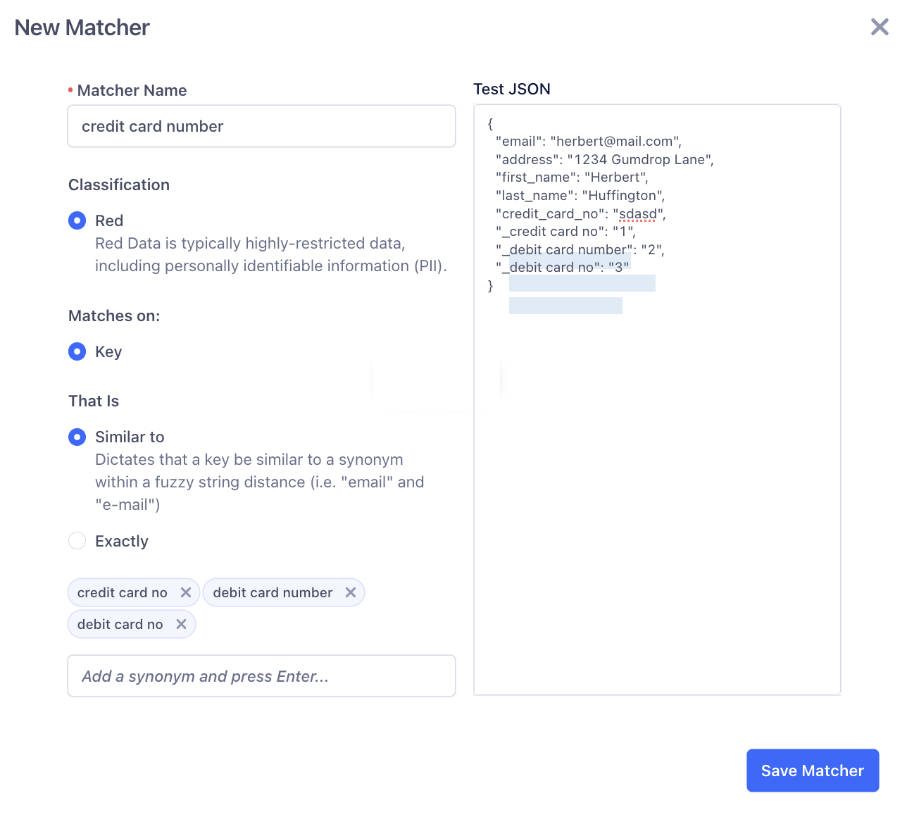 Screenshot of the Edit Matcher popup.